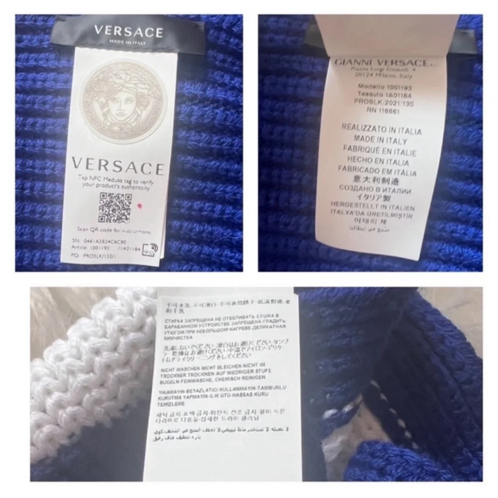 New! VERSACE Logo Intarsia Knit Fringe Oversized Unisex Wool Scarf in Royal Blue